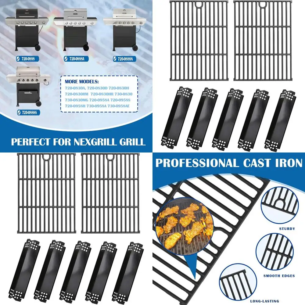 

Nexgrill 5-Burner 720-0888N/S & 4-Burner 720-0830H Replacement Parts Kit: Porcelain Steel Heat Plates & Cast Iron Grates