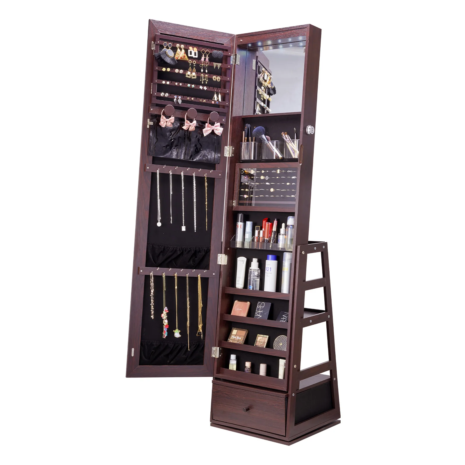 VEVOR Mirror Jewelry Cabinet 360°Swivel Standing with Storage Lockable with Full Length Mirror Velvet Lining LED Light Drawer