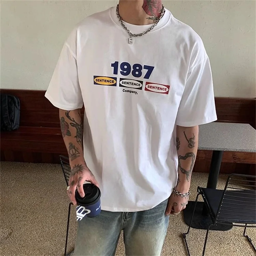 Korean Men's T-Shirt 1987 Letter Print Cotton Short Sleeve Tops Tee American Retro Crew Neck T Shirts for Men Hip Hop Streetwear