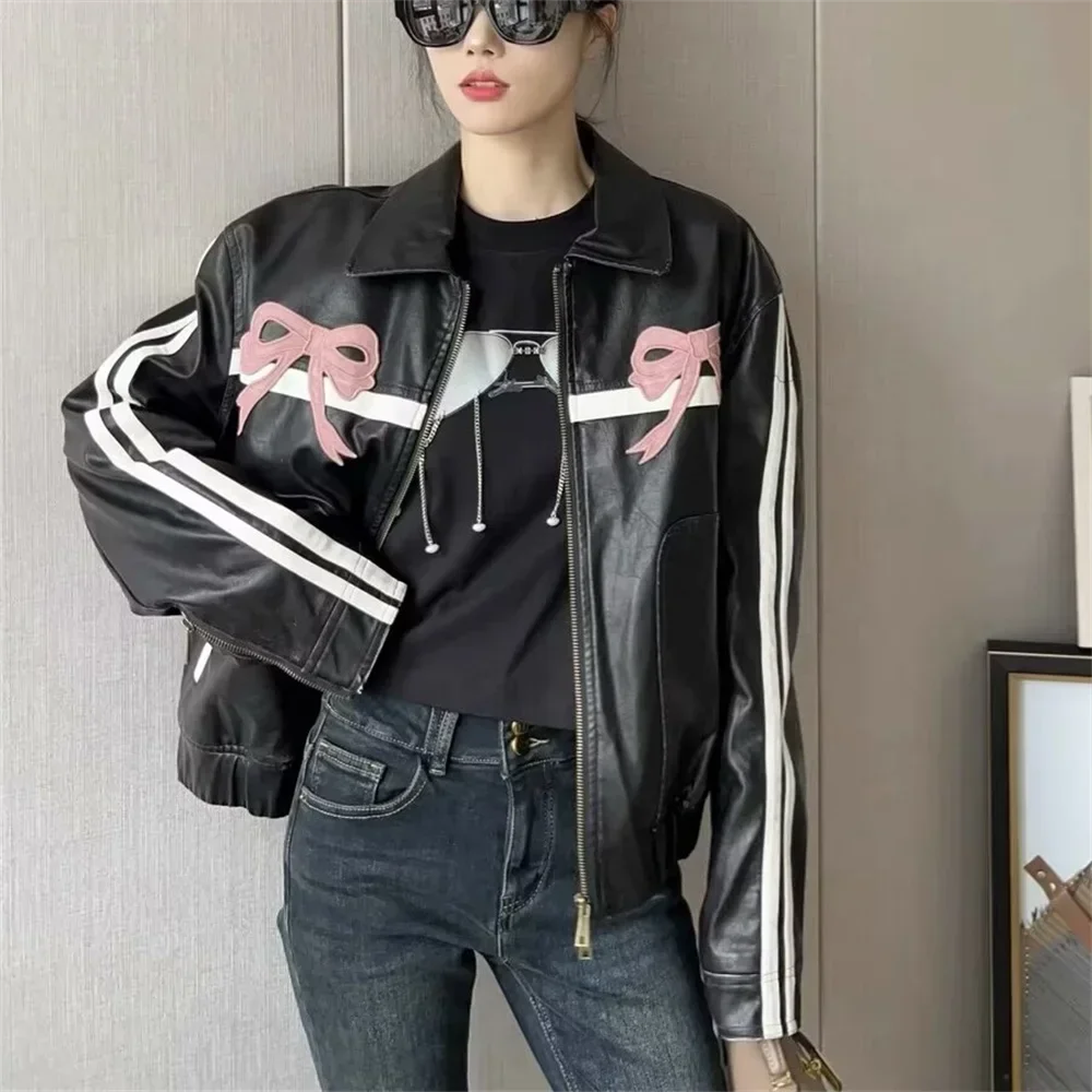 2024 Spring New Women's Fashion Style Loose And Versatile Sweet Cool Bow Decoration Flip Collar Leather Coat