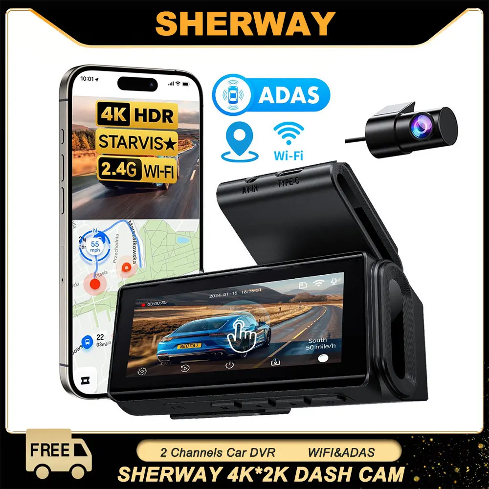 Câmera Veicular 4K+2K de 2 Canais com ADAS, GPS, WiFi, Tela Sensível ao Toque, DVR Automotivo e Monitoramento de Estacionamento 24H - Caixa Preta