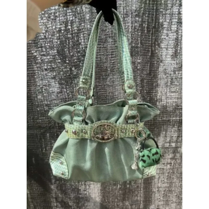 

Дизайн пояса, уличная одежда, зеленые сумки на молнии Y2k, сумки на плечо для девочек, плиссированные модные сумки подмышки, готические женские сумки с заклепками