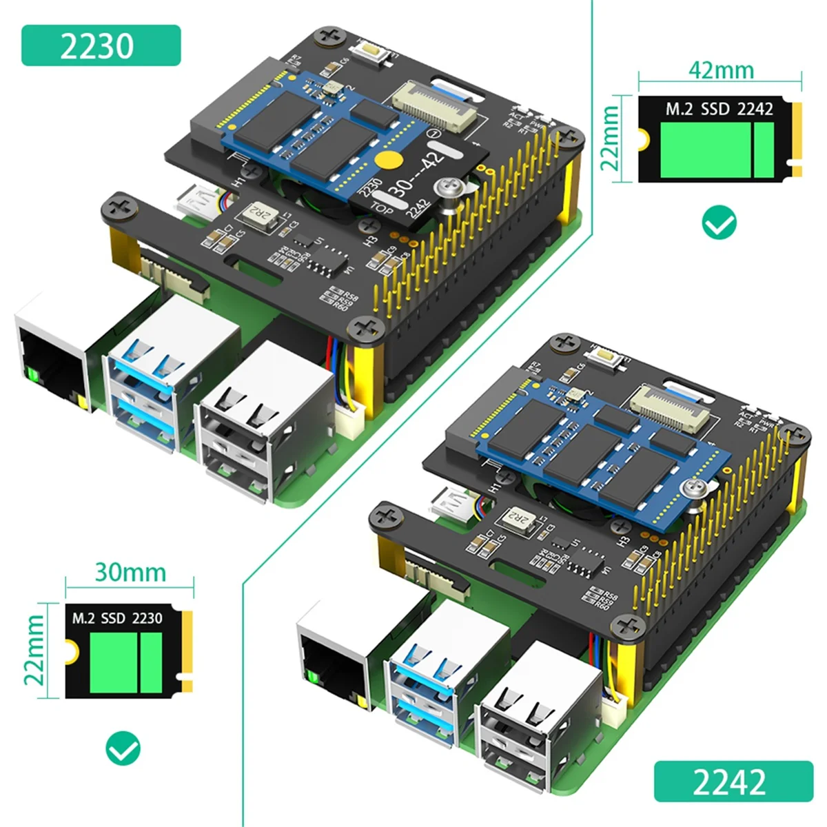 3 in 1 Combo M.2 NVMe to PCIe Adapter with Cooler Fan and Automatic Discoloration LED for Raspberry Pi 5 Black