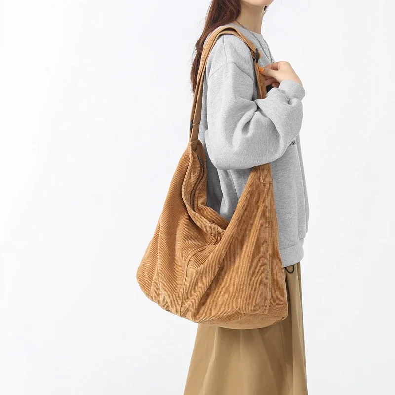 Solid Corduroy Women's Bag Big Messenger Bag Y2K Eco Bag Korean Shopping Shoulder Cross Bag Zip Handbags Vintage Satchels Murse