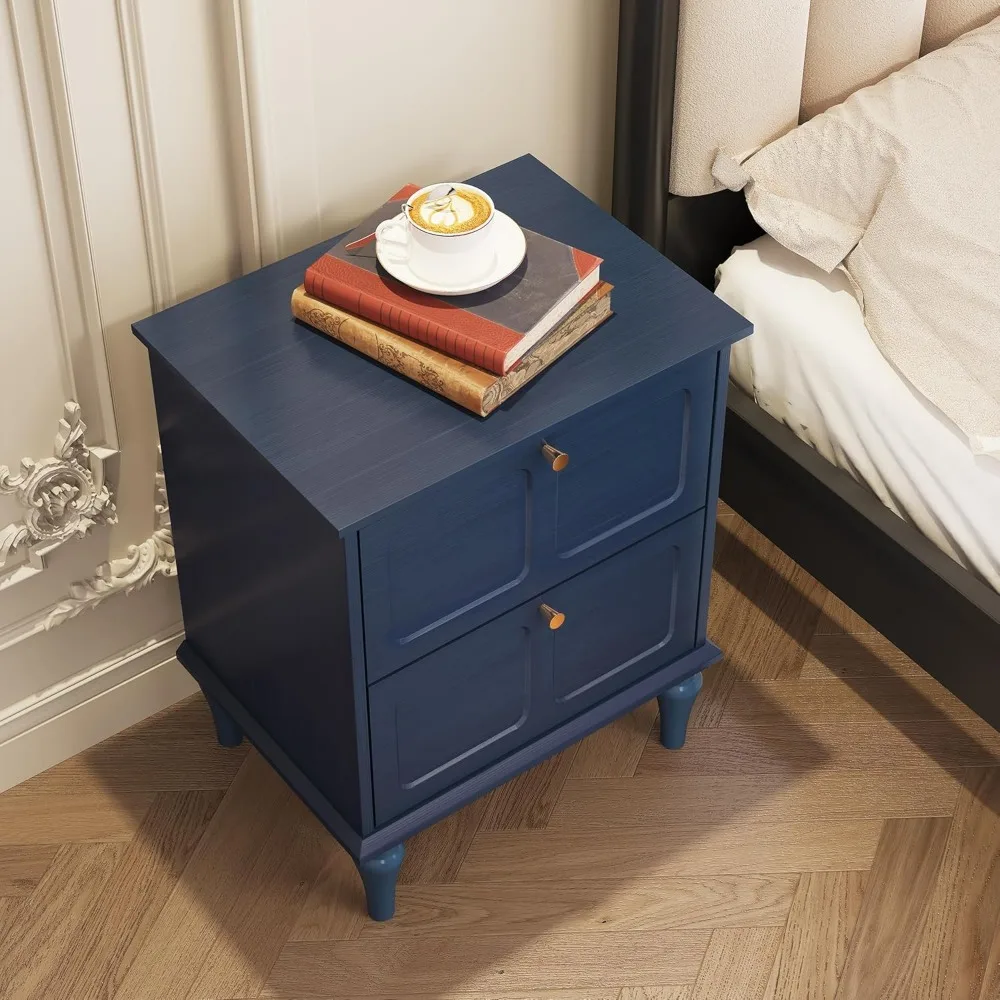 Par de mesitas de noche modernas de mediados de siglo, cajones de almacenamiento, patas de madera maciza, mesa auxiliar de madera, manijas de metal dorado, muebles de dormitorio elegantes