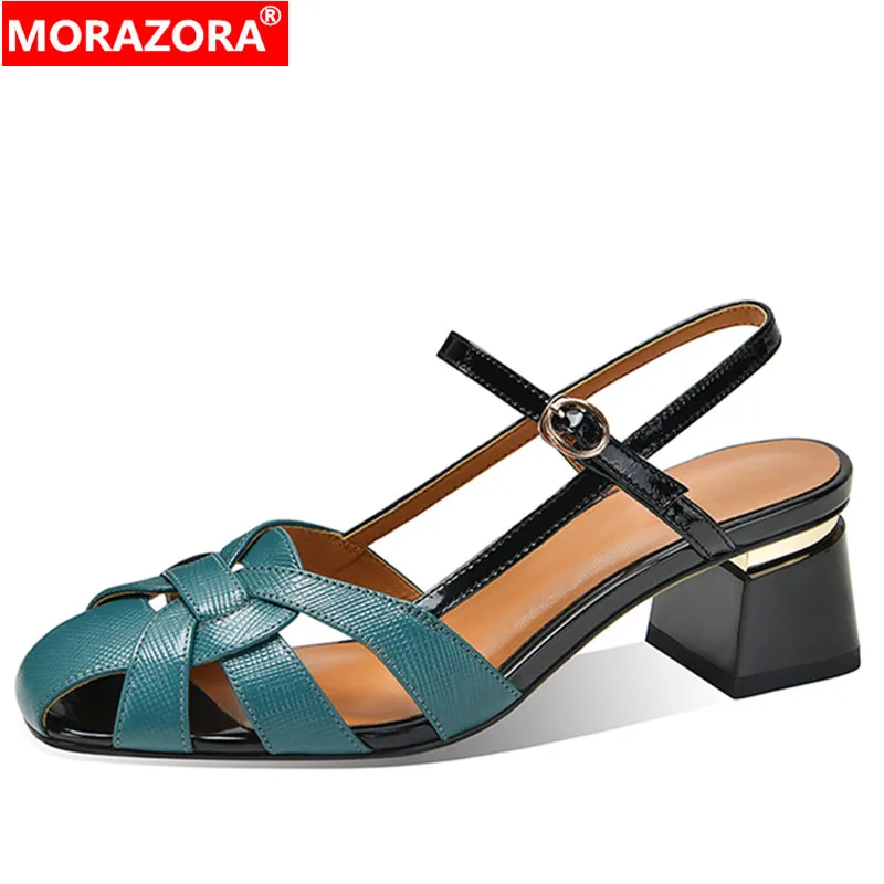 MORAZORA 2024 New Genuine Leather Sandals Women Square Med Heels Shoes Buckle Strap Summer Ladies Dress Shoes