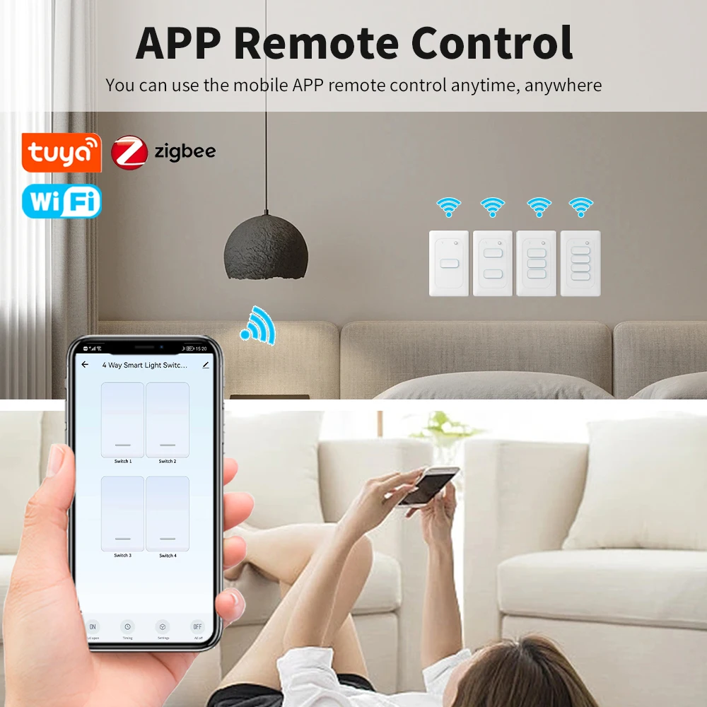 Interruptor de luz de pared Tuya Zigbee Smart Life, botón pulsador, No Neutral, Interruptor de luz de pared de EE. UU., 1, 2, 3, 4 entradas, Alexa,