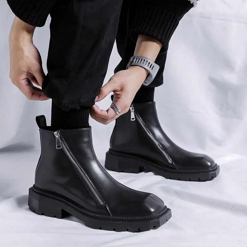 

2025 Men's Square Head High-top Leather Shoes British Style Black Medium Top Short Bilateral Zipper Chelsea Boots