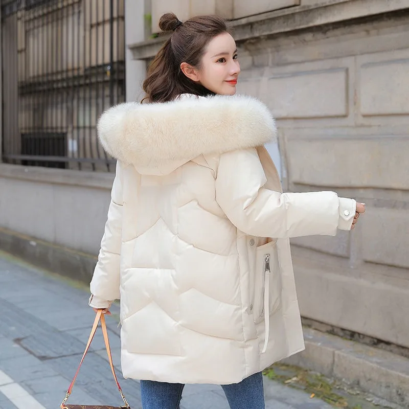 New Women Down Cotton Coat Winter Jacket Female Mid Length Version Parkas Thick Warm Outwear Hooded Fur Collar Overcoat