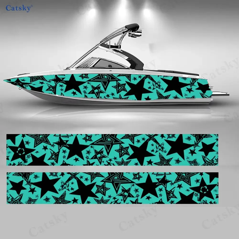 2Pcs Cool Teal & Black Star Pattern Boat Stickers, PVC Waterproof Vinyl Wrap Decals for Fishing Boat, Durable and Stylish Design