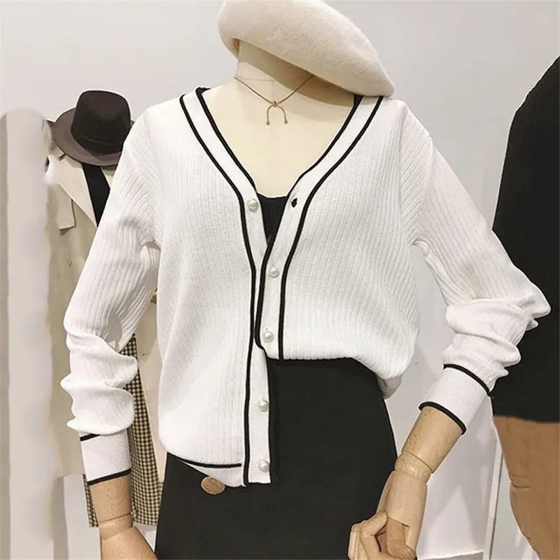 

Women's Long Sleeved Knitwear Cardigans Spring Autumn Slim Elegant Sweater Coat Pearl Buttons Ladies Tops Cardigan Mujer