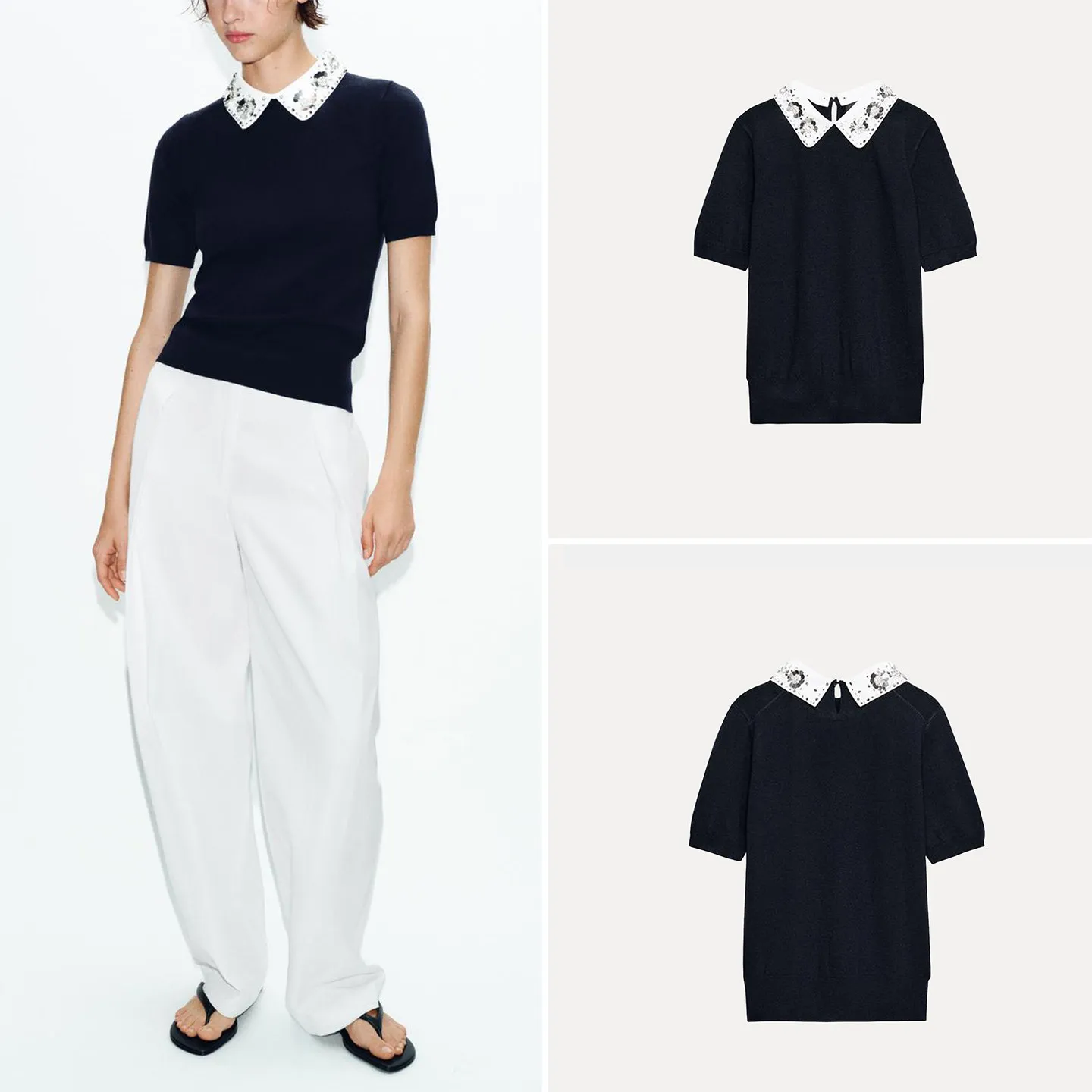 

Fashionable Knitted Sweater with Bead Embellishment Turn-down Collar Jewelry Design Casual Style Women's Summer Top