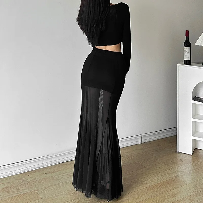 SKMY 2025 Autumn New Women Clothing Wrap Hip Slimming Perspective Solid Color Black Skirts Pleated High Waist Mesh Long Skirts