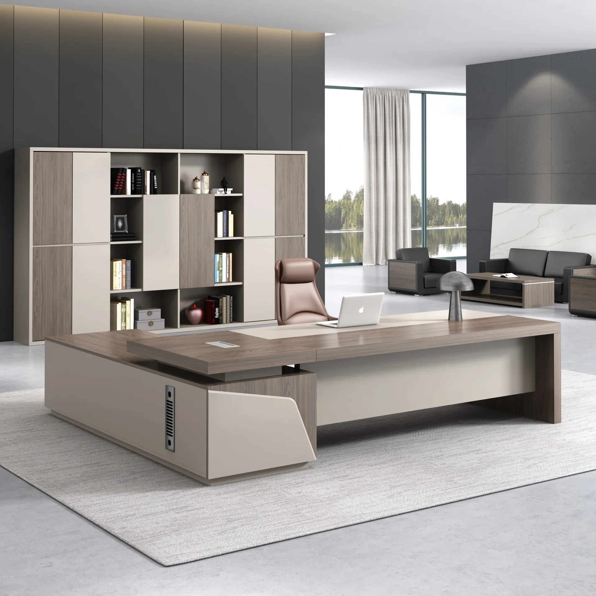 

Комплект офисной мебели: стол и кресло, простой современный дизайн, большой компьютерный стол.