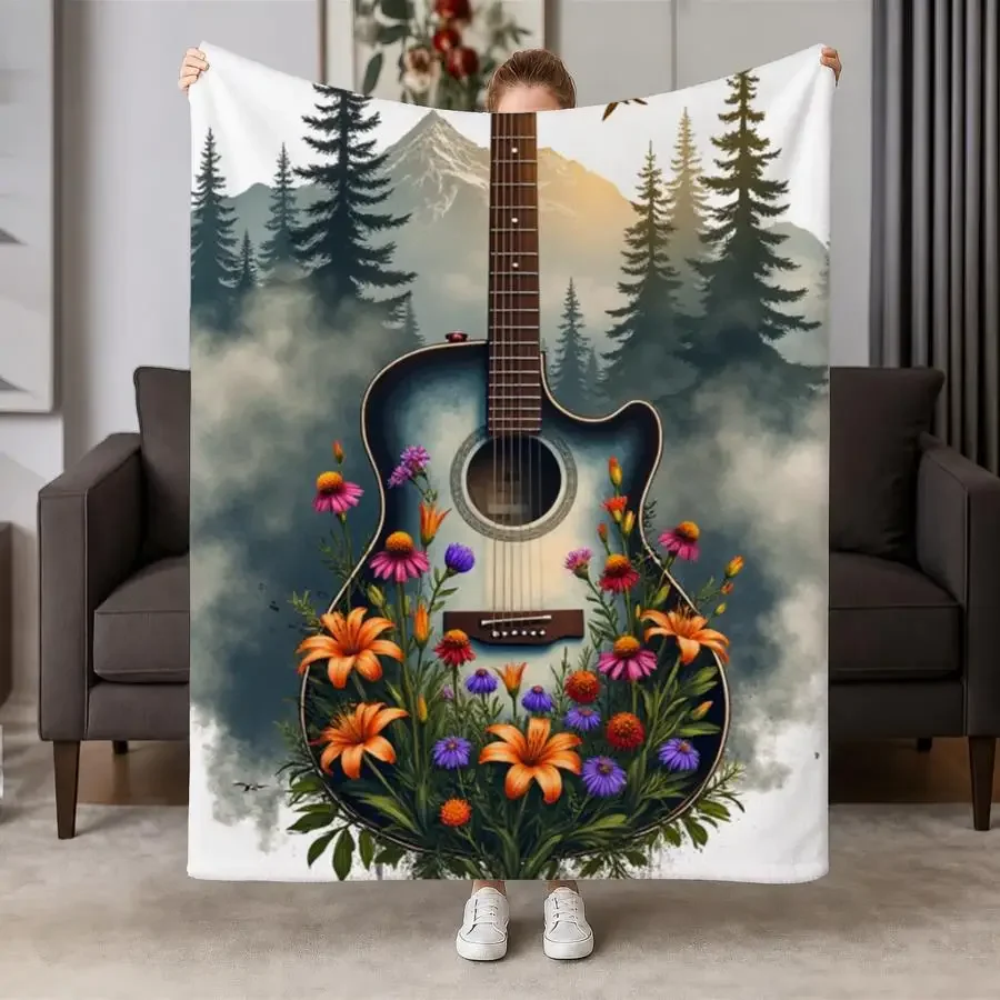 Artistic Guitar And Forest Double Exposure Flannel Throw - Soft Warm Blanket with Mountain,Pine, And Wildflower Design for Couch