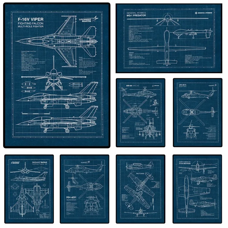 Fighter Jet Airplane Aviation Blueprint Poster F-16 Fighting Falcon F-22 Raptor American Aircraft Canvas Picture Wall Home Decor