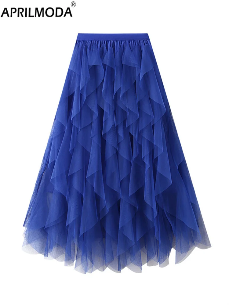 2025 Mesh Cake Midi Langer Damen-Tutu-Tüll-Maxirock Elegante Prinzessin Solide Rosa Schwarz Weiß Braun Faltenröcke mit hoher Taille