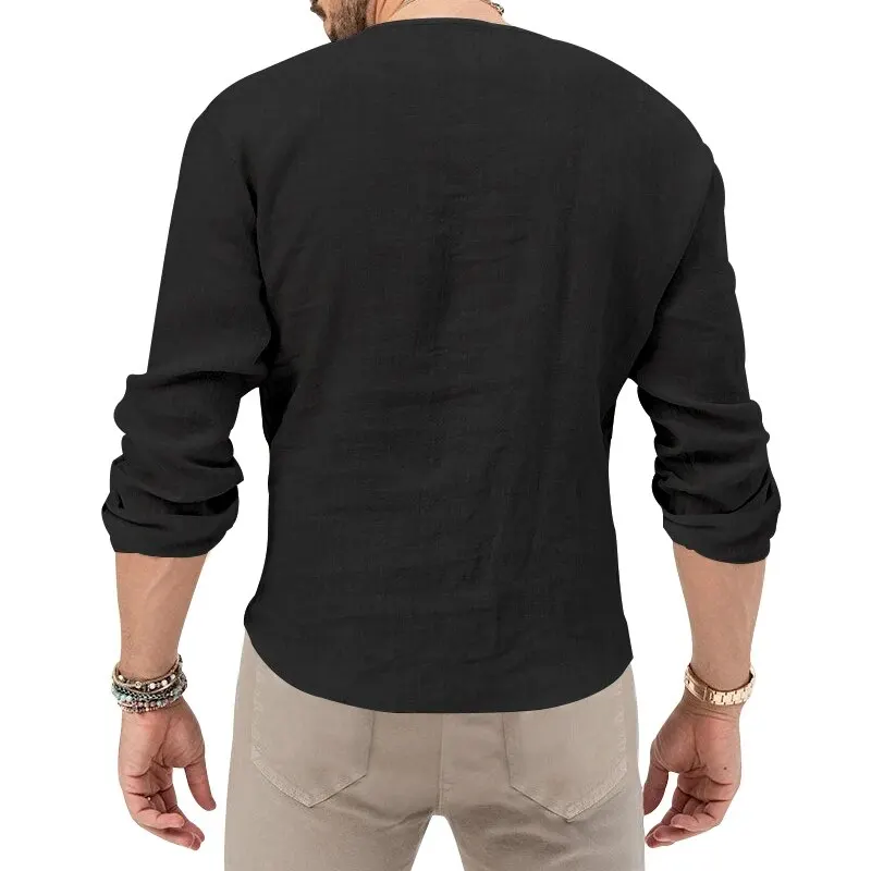 Men\'s Shirt Top V Neck Breathable Beach Shirt Long Sleeves Closure Regular Fit Solid Color Male Casual Shirt For Daily Vacation