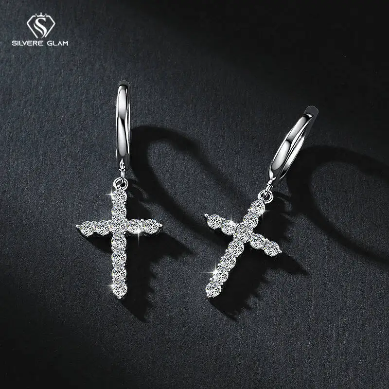 SG Moissanit Kreuz Ohrstecker Hip Hop Ohrclips für Männer Frauen S925 Sterling Silber Ohrstecker Edlen Schmuck D VVS1 Edelstein