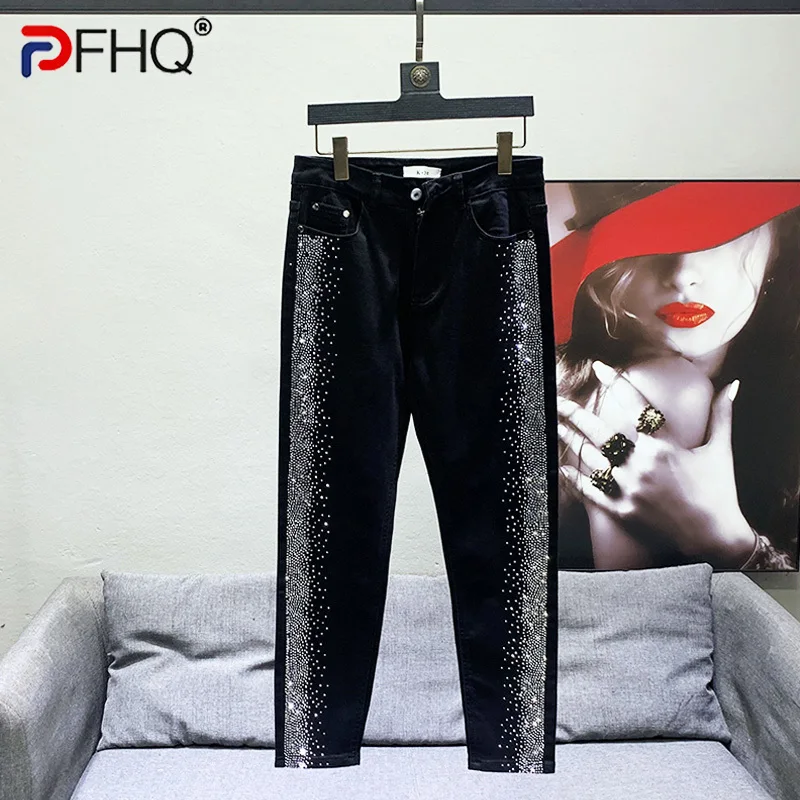 PFHQ pantalones de lápiz de mezclilla avanzada para hombre, moda de calle alta, Diamante caliente, ropa oscura delgada versátil, ocio, Otoño, 21Z2253