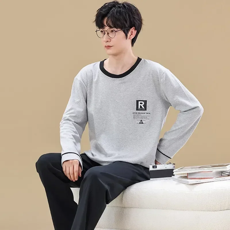 Домашняя одежда, мужская пижама, мужская одежда для дома, осенняя корейская хлопковая свободная зимняя одежда для сна, комплекты домашнего костюма с рукавами, 2023, длинные