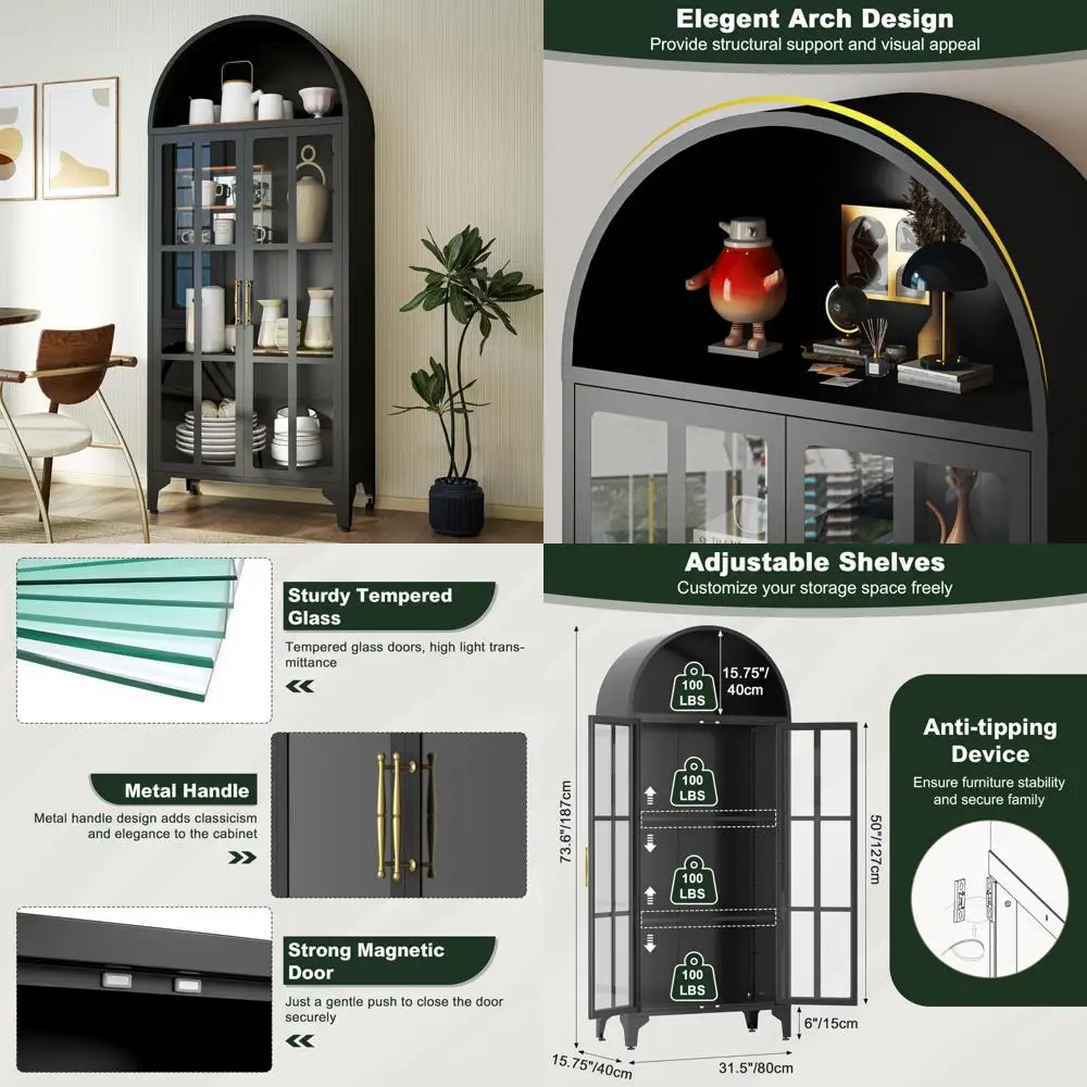 خزانة مطبخ بباب زجاجي مقوس بطول 74 بوصة على طراز المزرعة مكونة من 4 طبقات مع أرفف معدنية قابلة للتعديل #1