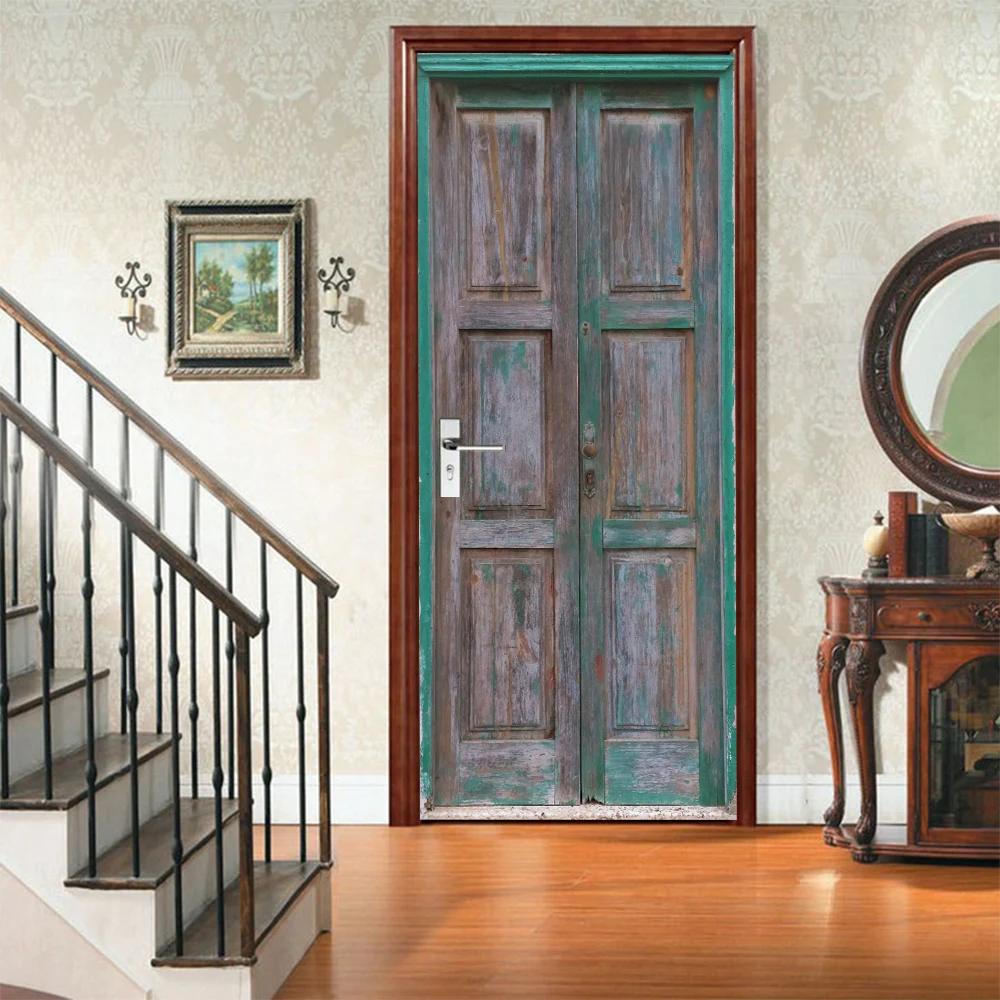 3D Retro Door Stickers Wooden Style Doorposter Self-adhesive PVC Wall Sticker Bedroom Decorative Door Cover autocollant de porte