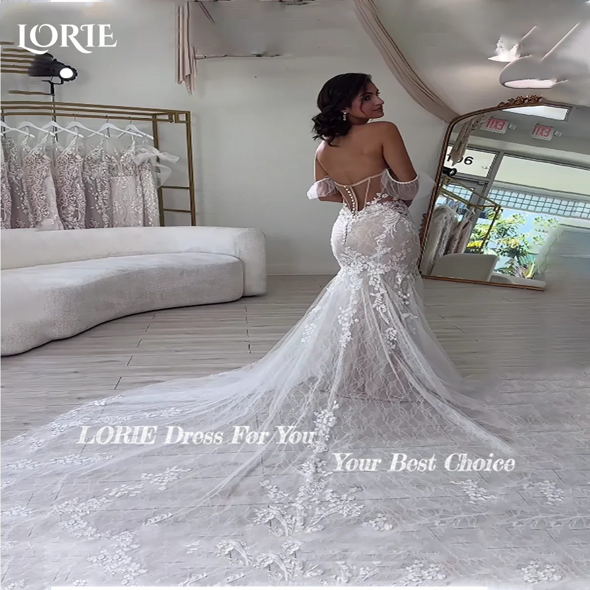 Lorie boho sereia vestido de casamento renda apliques sem costas bobbycon vestido de noiva fora do ombro varredura cauda vestidos de noiva personalizado