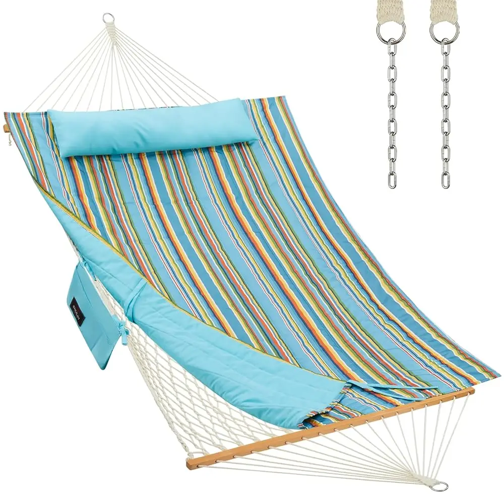 

Outdoor Double Hammo With Hardwood Spreader Bars, Large Rope Hammo With Polyester Pad And Pillow, 475 Lbs Acity For 2 Person