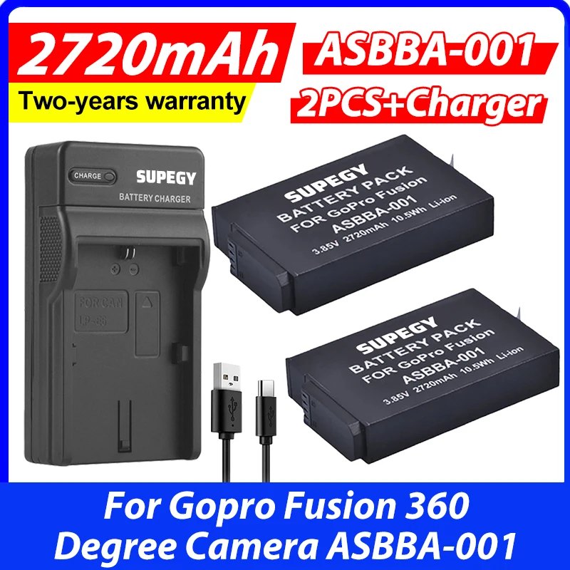 

2Pcs 2720mAh Battery Accu+USB Charger with Type C Port for Gopro Fusion 360 Degree Camera ASBBA-001 Battery