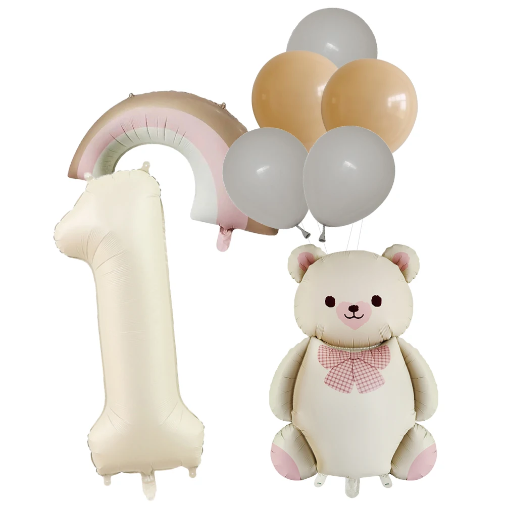 10pcs Cream Color Number Bear Rainbow Foil Balloon 2th Happy Birthday Party Decorations Kids Girl Boy 2nd 2 Anniversary Supplies