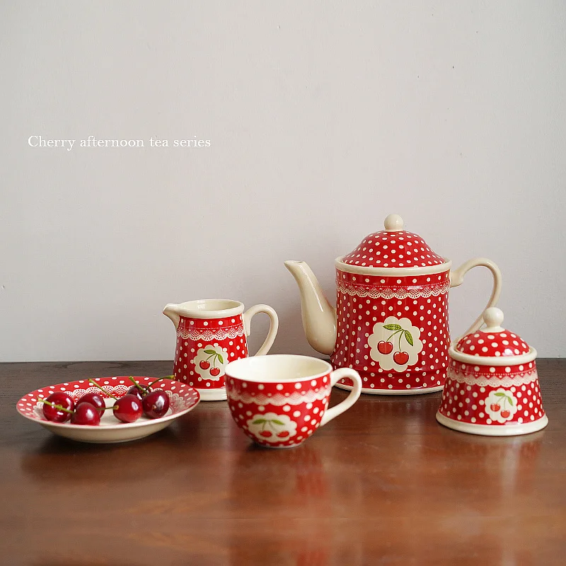 Ceramic England  Polka Dot Cherry  Printing Teaware Set Afternoon Tea Set Service Coffee Set Coffee Tea  Cup Pot Jar