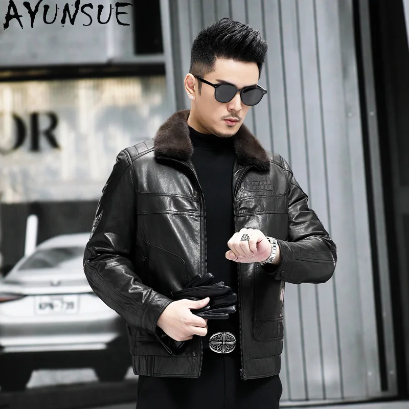 

AYUNSUE Real Leather Jacket Men Autumn Mens Clothes Warm Mink Fur Collar Sheepskin Coat Business Casual Semi Vegetable Tanning