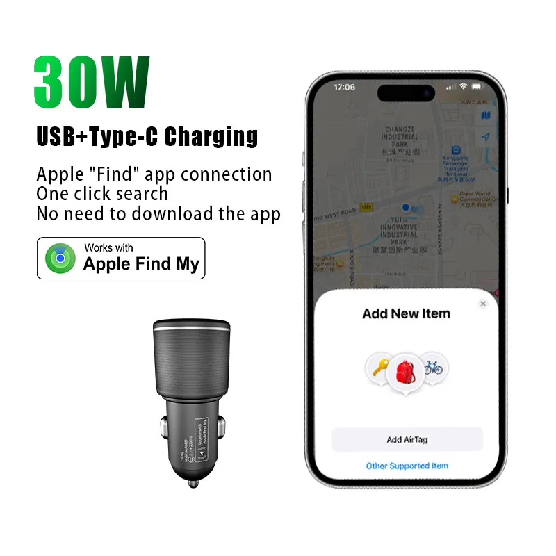 30W mini car charger, iOS Find My Location, suitable for USB Type-C, Xiaomi, Samsung and Huawei mobile phones for charging