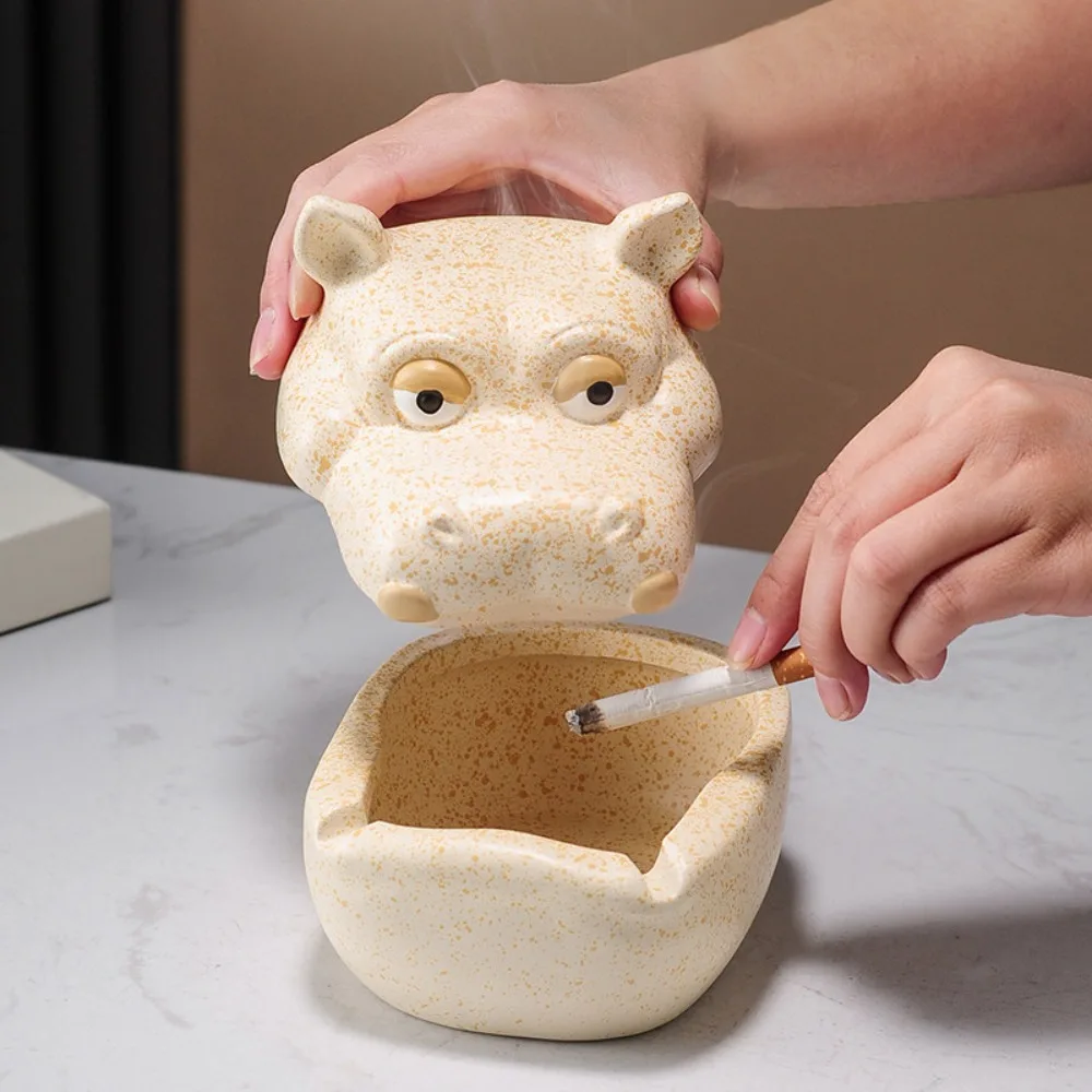 Ceramic Hippo-shaped Ashtray with Cover To Prevent Fly Ash Home Living Room Creative Office Luxury Decoration Accessories