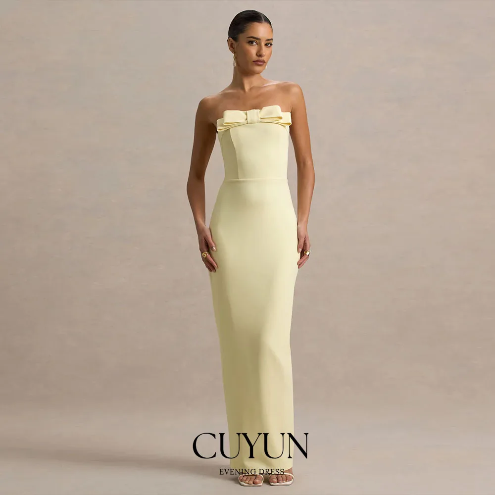 CUYUN Aangepaste Lichtgeel Strapless Boog Feestjurk voor Speciale Gelegenheden Terug Split Vloerlengte Avondjurk Diner Jurk
