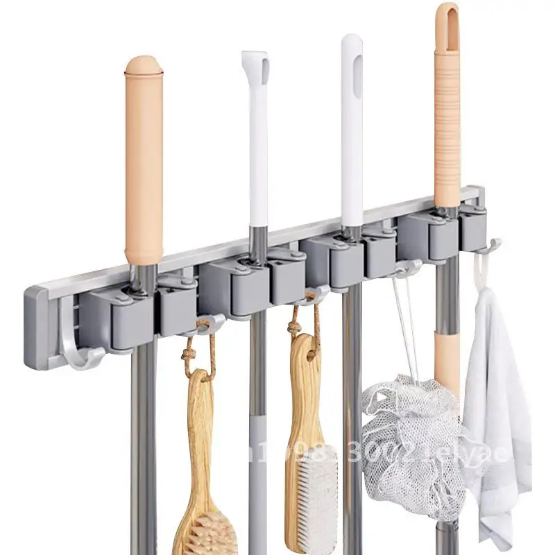 

Punch-Free Strong Wall-Mounted Mop Holder with Clips And Hooks Space Aluminum Silver/Gun Gray Broom Storage Rack for Bathroom