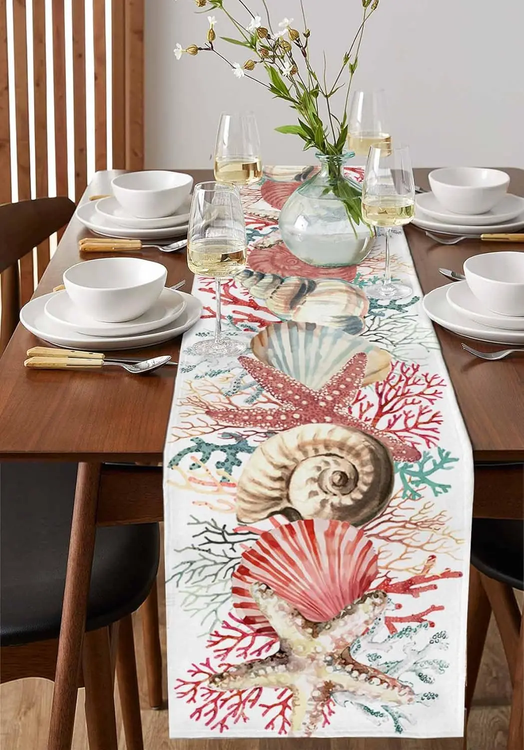 Summer Ocean Coral Conch Turtle Linen Table Runners Seasonal Sea Dresser Scarf Table Decor Holiday Wedding Dining Party Decor