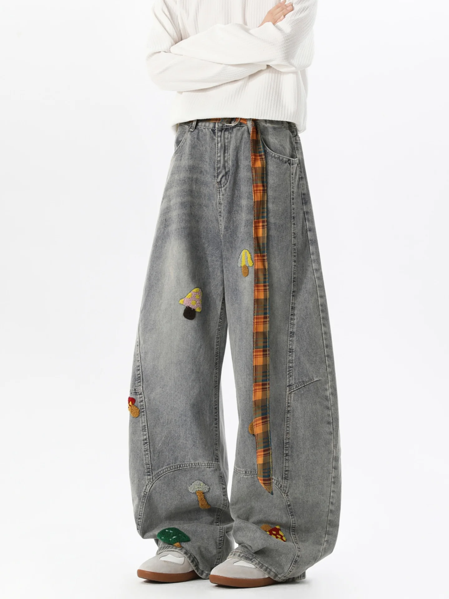 

Cartoon Embroidered Wide Leg Men's Jeans Design Sense Patchwork Deconstruction Pants Autumn American Retro Straight Leg Jeans