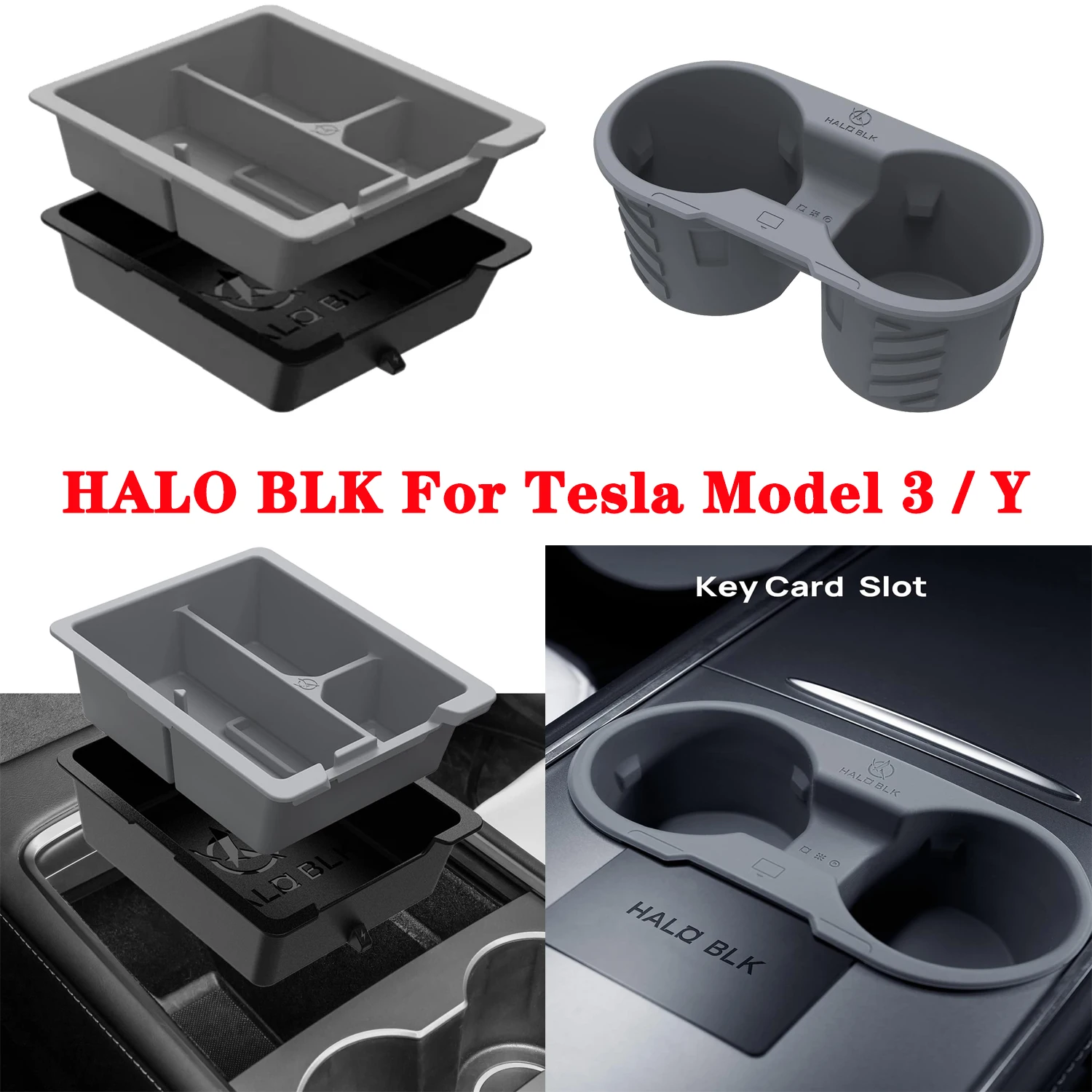 HALO BLK For Tesla Model Y 2021-2024 & Model 3 2021-2023 Center Console Organizer Tray and Center Console Cup Holder Insert HALO BLK For Tesla Model Y 2021-2024 & Model 3 2021-2023 Center Console Organizer Tray and Center Console Cup Holder Insert