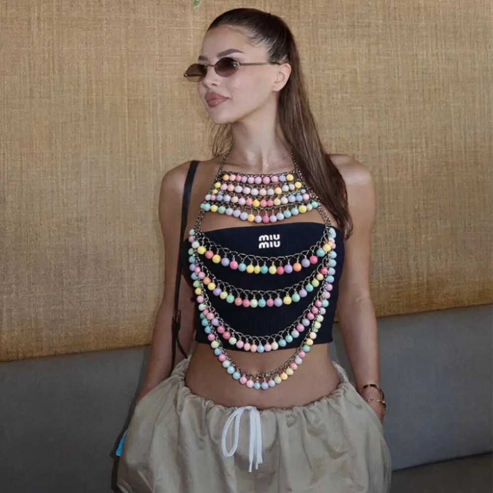 Handmade 00s Festival Rave Outfit Acrylic Beads Colorful Body Chain Y2K Inspired Candy Bra Multilayered Pastel Halter Beaded Top