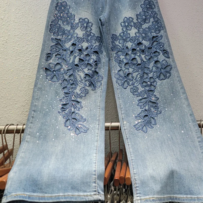 HKSH 2026 Spring New Women Jeans Hollow Out Studded Diamonds Elegant Versatile Trend Wide Leg Slimming Retro Denim Pants HK19098