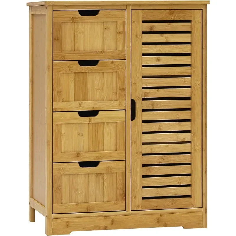 Small Storage Cabinet Bamboo with 4 Drawers and 1 Cupboard, Freestanding Compact Floor Cabinet Bamboo for Entryway and Bedroom