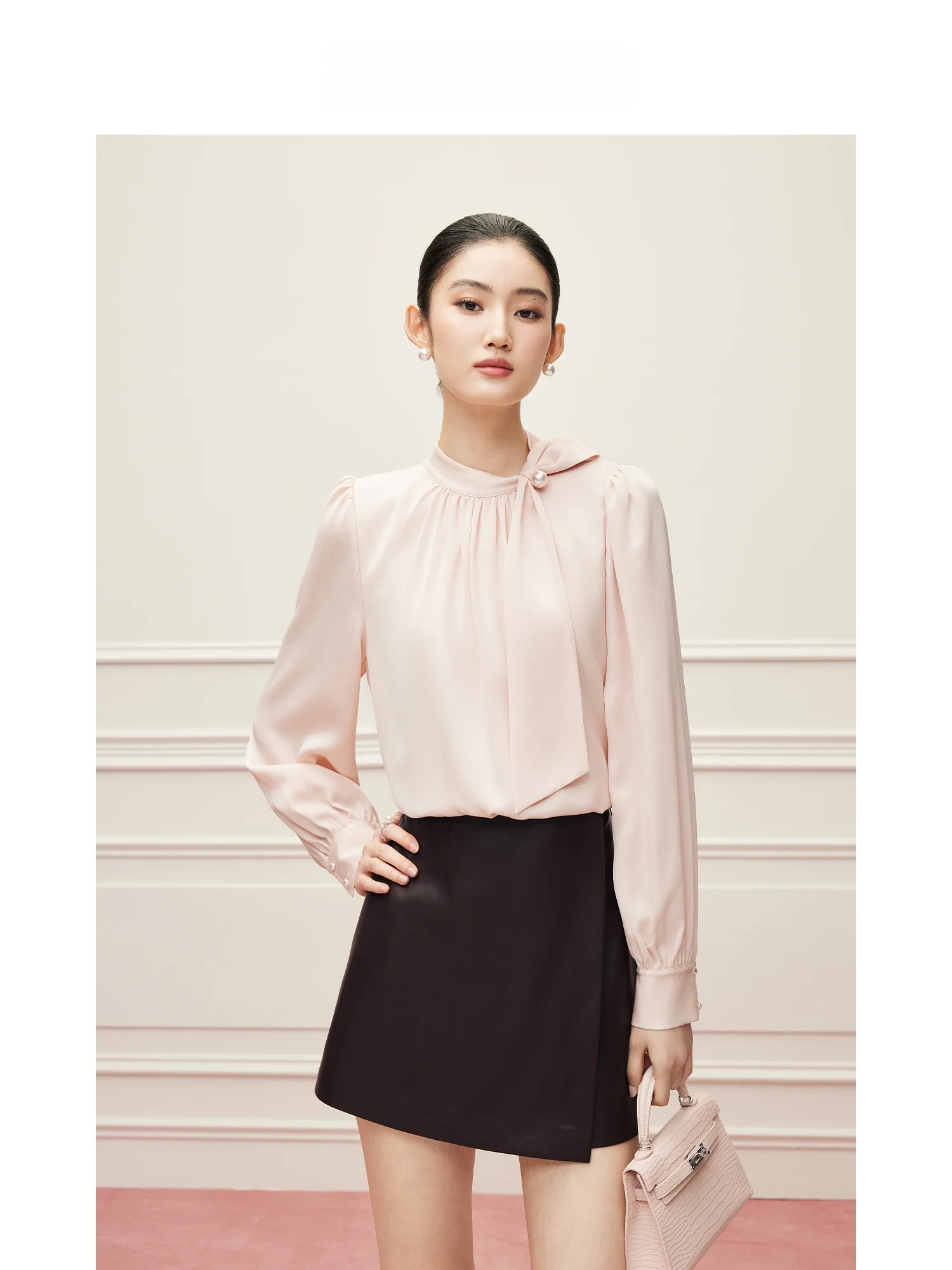 

Ele Long Sve Satin Women's irt with Draped Neline Faionable Acetate Beaded MandyZhang Spring Autumn High-End Feel