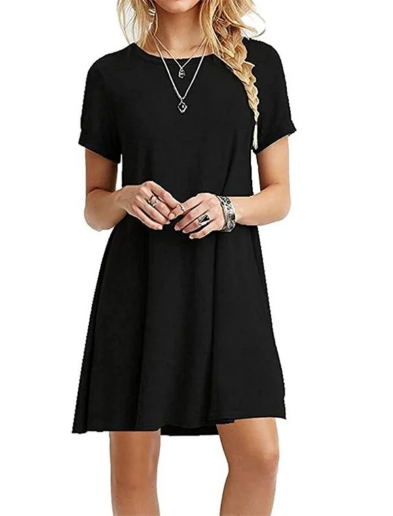 Women Mini Dress Summer Casual Boho Beach Dresses Solid Color O-Neck Short Sleeve Party A-Line Dress Vestidos