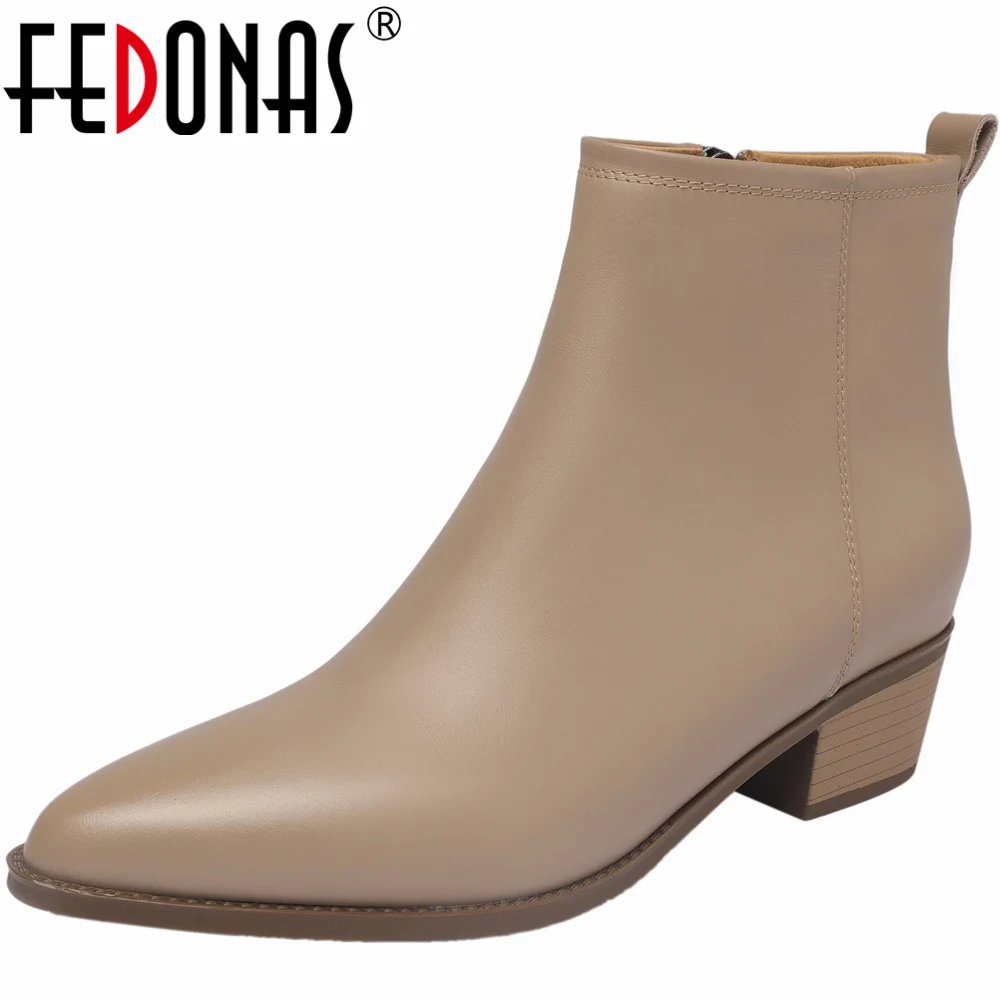 FEDONAS 2024 New Classic Women Ankle Boots Thick Heels Pointed Toe Mature Genuine Leather Office Lady Shoes Woman Autumn Winter