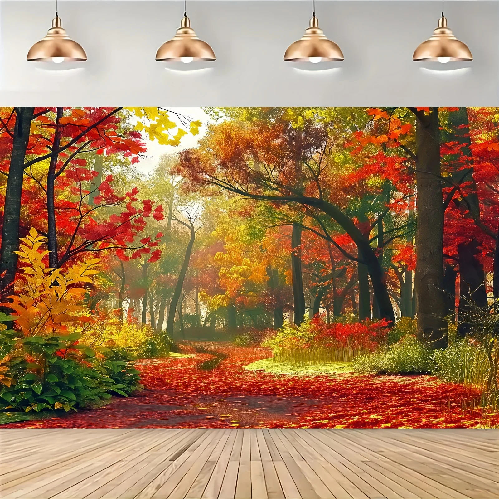 Autumn Splendor Background Cloth - Yellow autumn leaves and mountain road scenery, polyester fiber background cloth