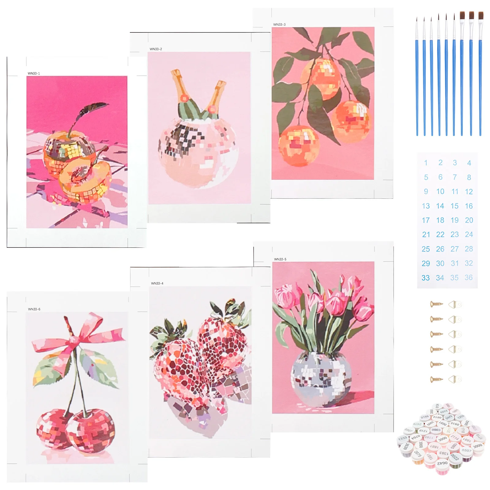 

6Pcs Paint by Numbers for Adult Retro Disco Fruit and Flower DIY Painting Kit with 34 Pigment Paintbrush and Hanging Accessory