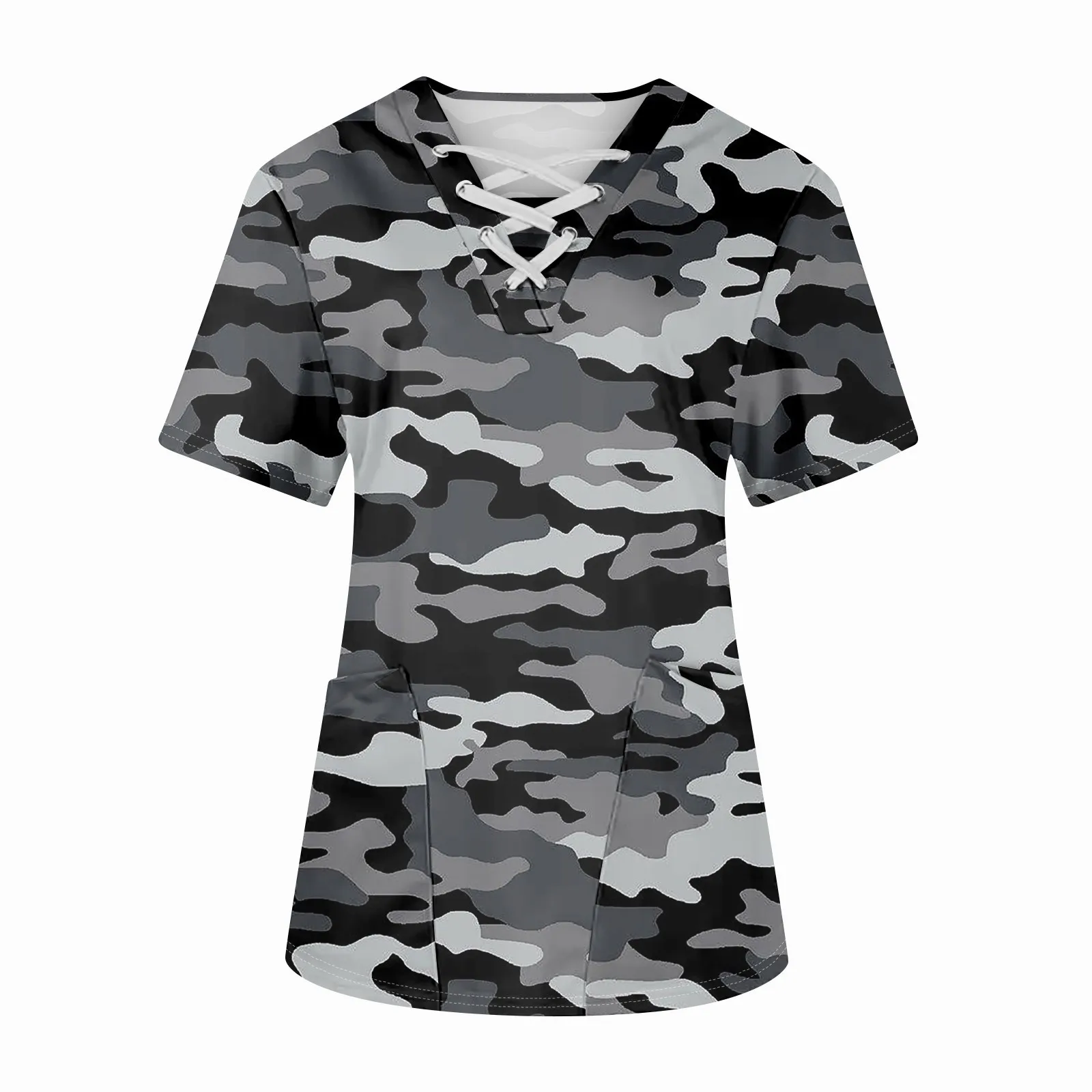 เสื้อทำงานพิมพ์ลายพรางแบบหลวมๆ สำหรับผู้หญิง แขนสั้น ระบายอากาศได้ดี มีกระเป๋าเสื้อ