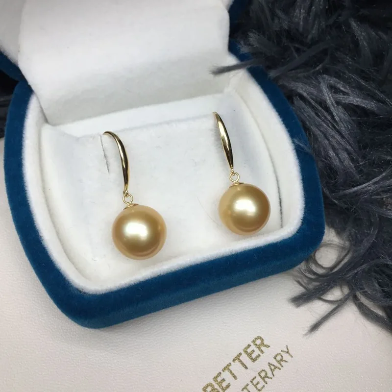 10-11mm Natural Seawater Golden Pearl Earrings, 18K Gold Near Perfect Round Almost Flawless Strong Luster, Luxury Jewelry Gift